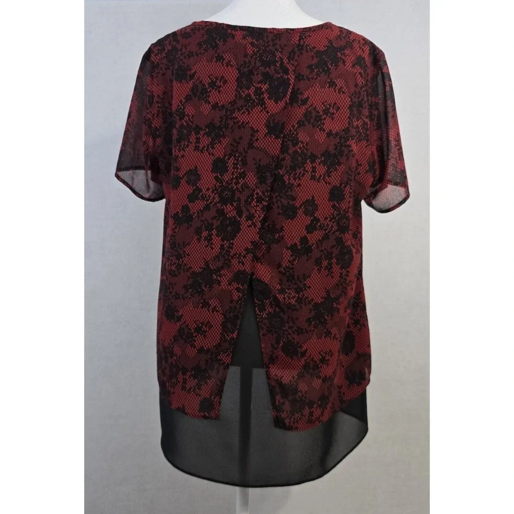 Michael Kors Layered Chiffon Blouse Womens PL Red Black Floral Mesh Split Back